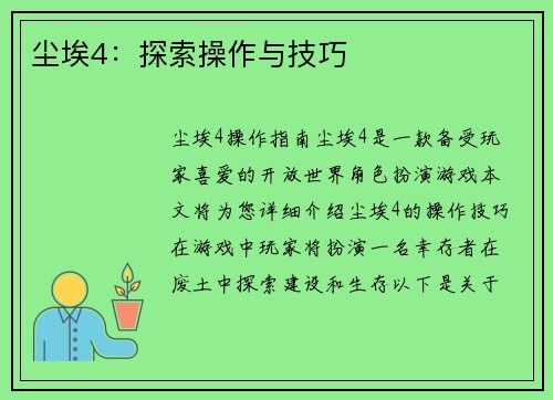 尘埃4：探索操作与技巧